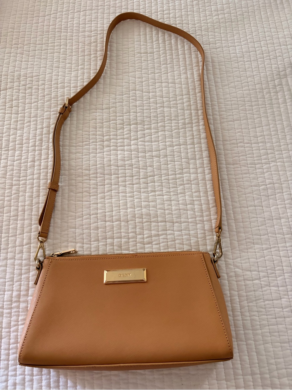 DKNY Tan Leather Crossbody with Gold Plaque